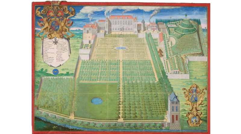 Frédéric Scalberge, « Jardin du Roy pour la culture des plantes médicinales à Paris », 1636, gouache sur vélin, 55x72 cm, OA 912 MNHN